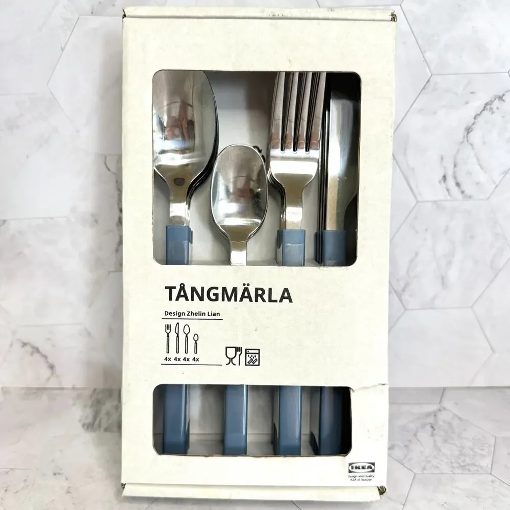 NIB Ikea TÅNGMÄRLA Flatware Set 406.083.03 16 Piece Gray Blue Plastic Handle